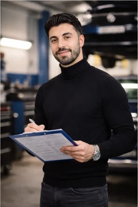 Kfz-Gutachter bei der Prüfung einer Reparaturbestätigung und Werkstattrechnung